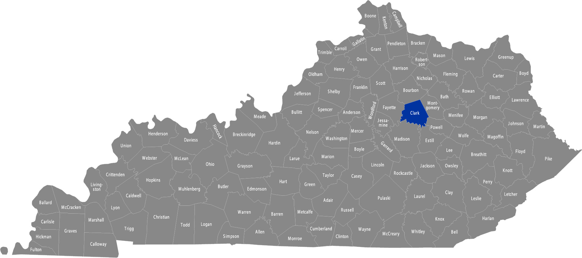 State of Kentucky map with Clark County highlighted